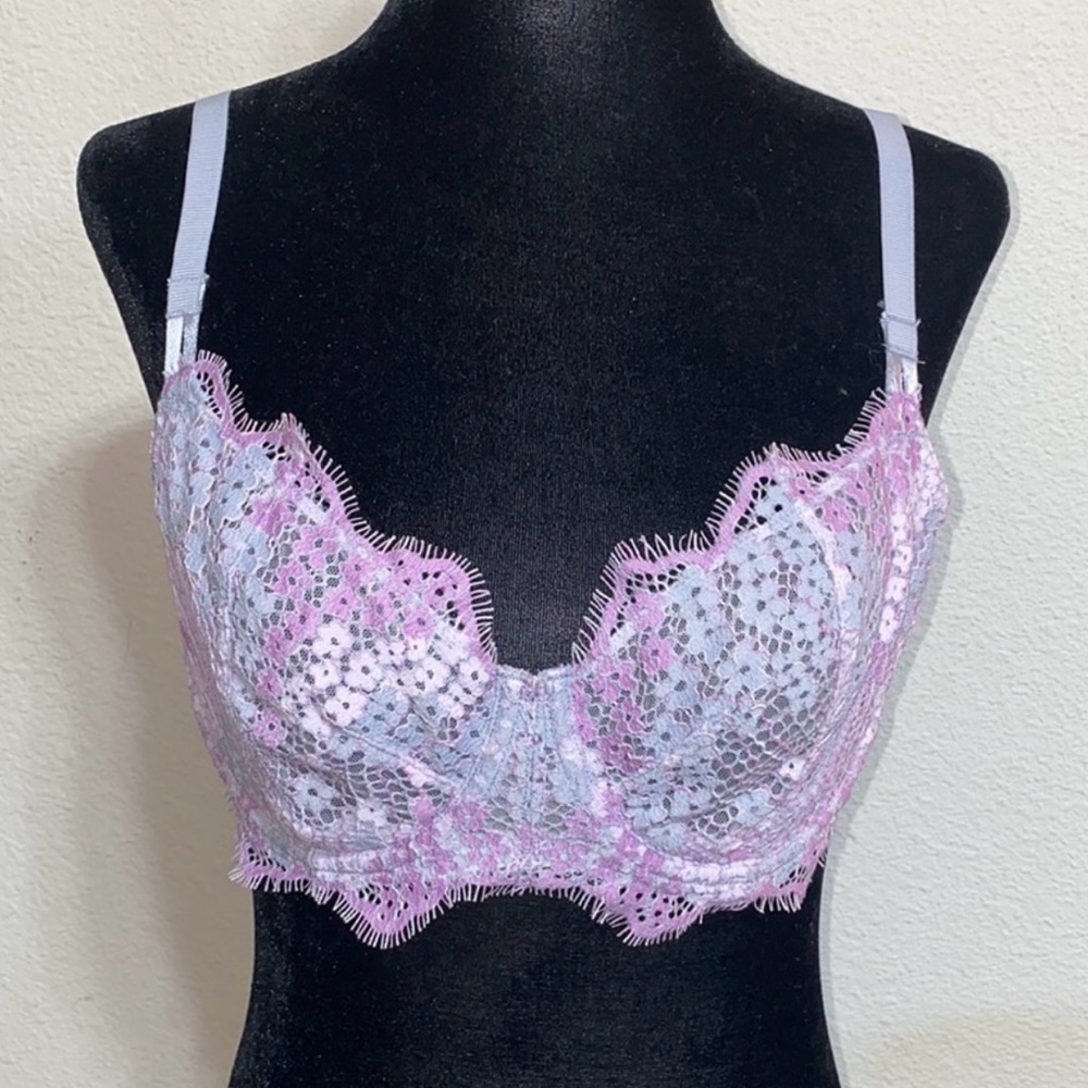 Victoria’s Secret Lavender Purple & Grey Tone Floral Crochet and Mesh Bra